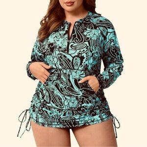 3X Halcury Blue Turquoise and Black Paisley Swim Rush Guard Long Sleeve Top